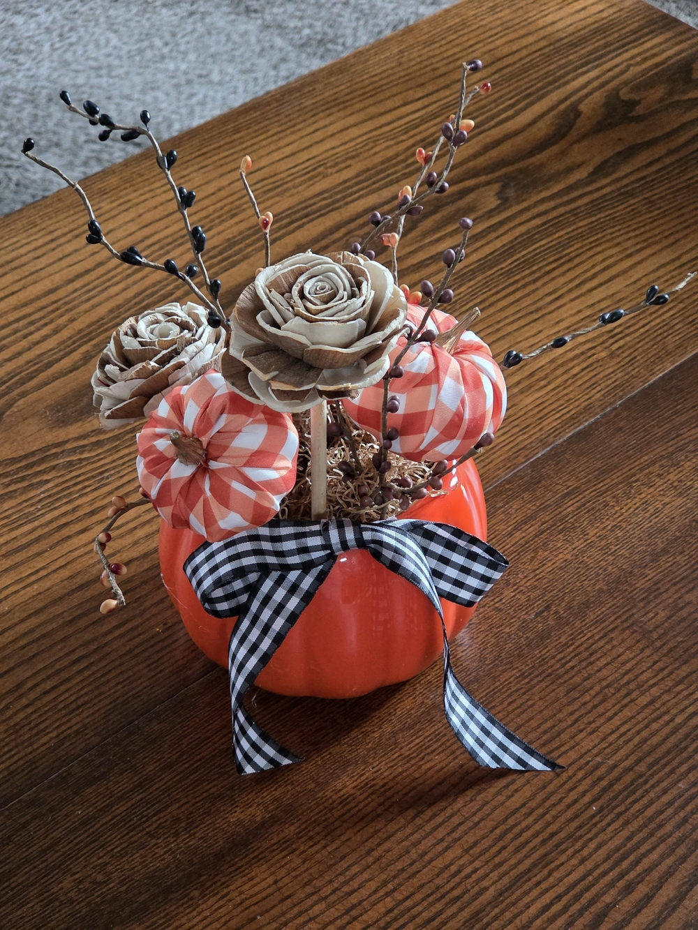 Pumpkin Centerpiece with Pinecone Flowers, Quirky Pumpkins and Buffalo Check Bow